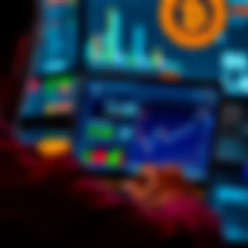 A person looking at a laptop screen displaying cryptocurrency websites with charts and graphs.