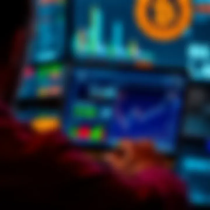 A person looking at a laptop screen displaying cryptocurrency websites with charts and graphs.