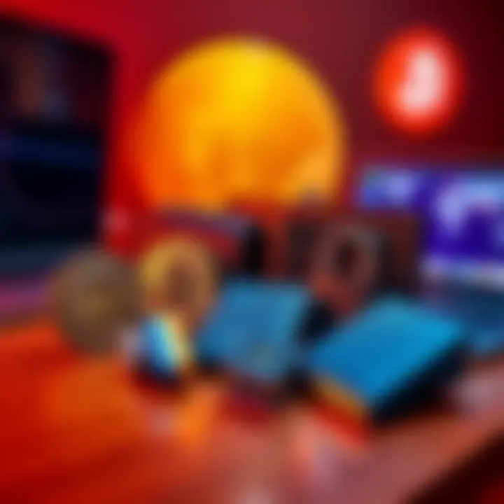 A collection of top bitcoin-only cold wallets designed for secure storage, displayed on a wooden table with a laptop and a Bitcoin logo in the background.