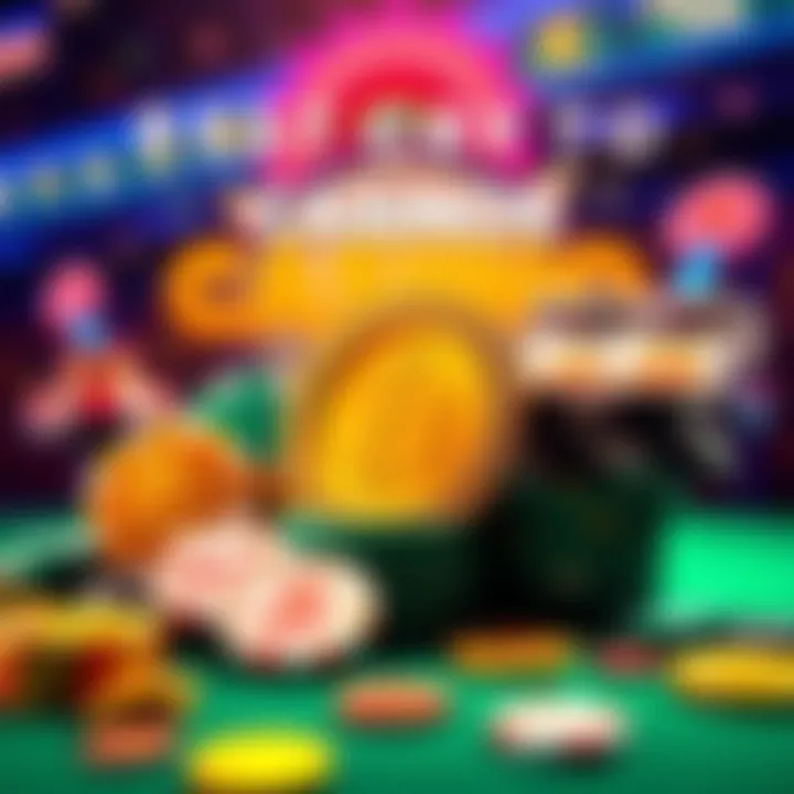 Graphic showing symbols of popular cryptocurrencies with casino chips and a slot machine, indicating online gambling