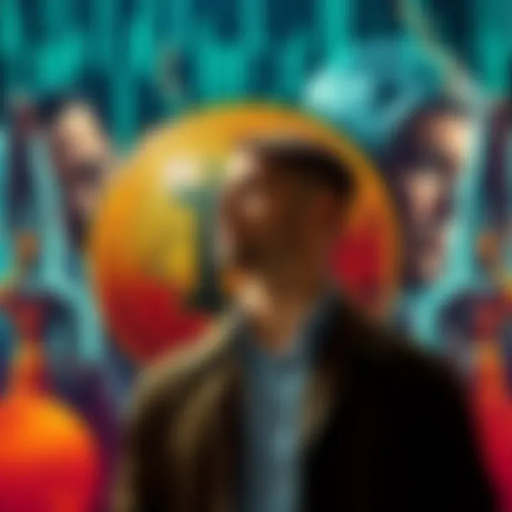Adam Back standing in front of a digital representation of Bitcoin, looking contemplative. The background shows contrasting images of Satoshi Nakamoto and Hal Finney.