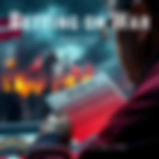 A person contemplating a betting slip with war imagery in the background, symbolizing the ethical debate over gambling on conflict outcomes.