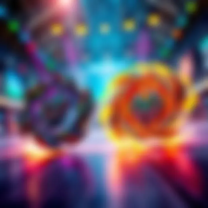 Two Beyblades clashing in a vibrant battle arena, showcasing their spinning action and colorful designs.