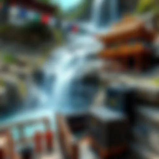 View of Bhutan's waterfalls with Bitcoin mining equipment nearby, showcasing sustainable energy use for crypto mining.