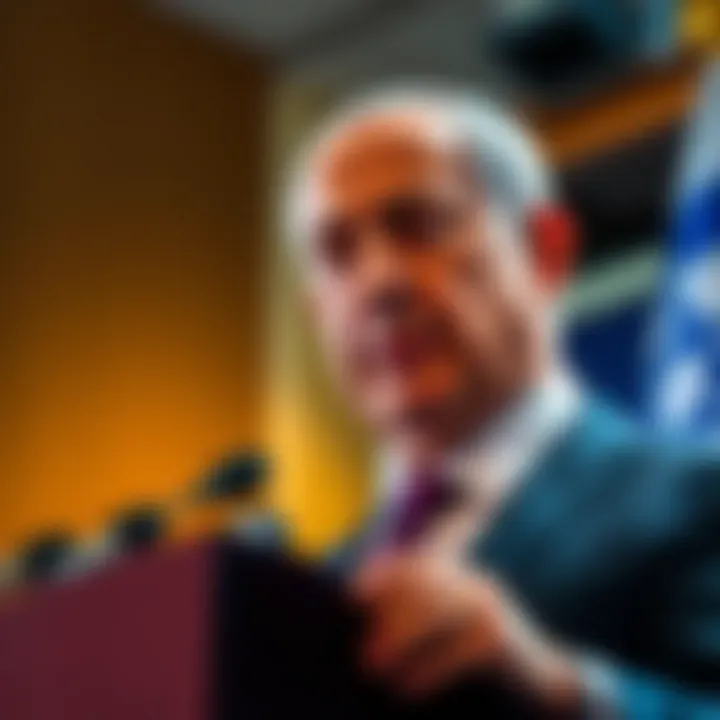 Israeli Prime Minister Bibi Netanyahu speaking at a podium during a news conference, looking serious and concerned.