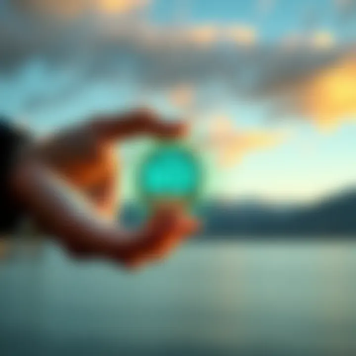 A person holding a digital graphic of bid tokens with a backdrop of New Zealand's landscape