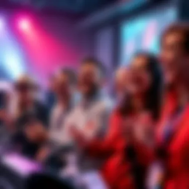 A group of people laughing and joking while bidding on a humorous auction item, showcasing the playful atmosphere.