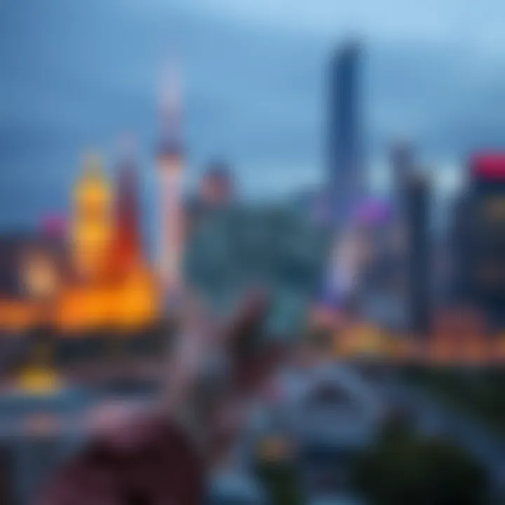 A person holding atlas bucks with landmarks in the background, preparing to place bids.