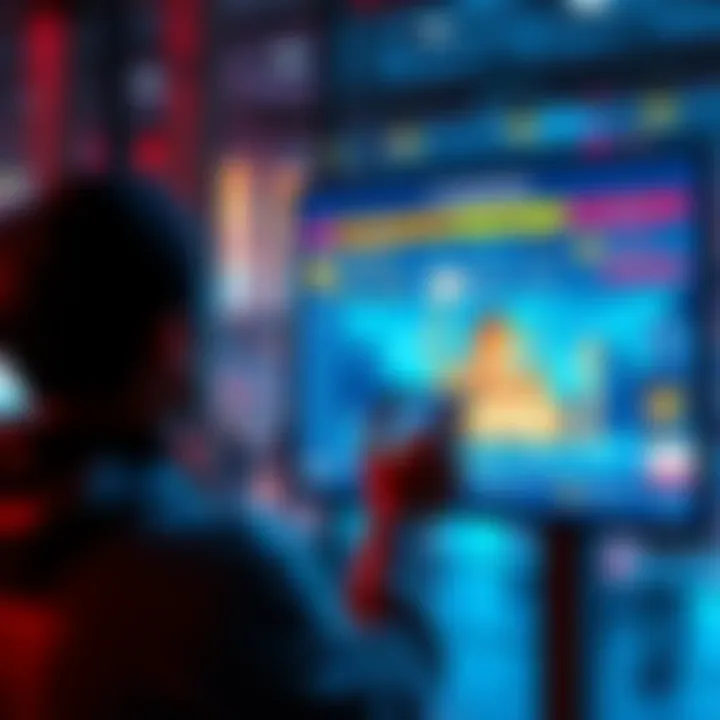 Bidding on Landmarks A person watching ads on a screen to earn bid tokens for purchasing landmarks, with a dynamic bidding interface in the background.