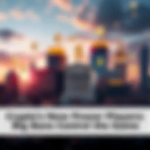 A group of big bank buildings in a city skyline, with digital currency symbols floating around them, representing the influence of traditional finance on cryptocurrency.