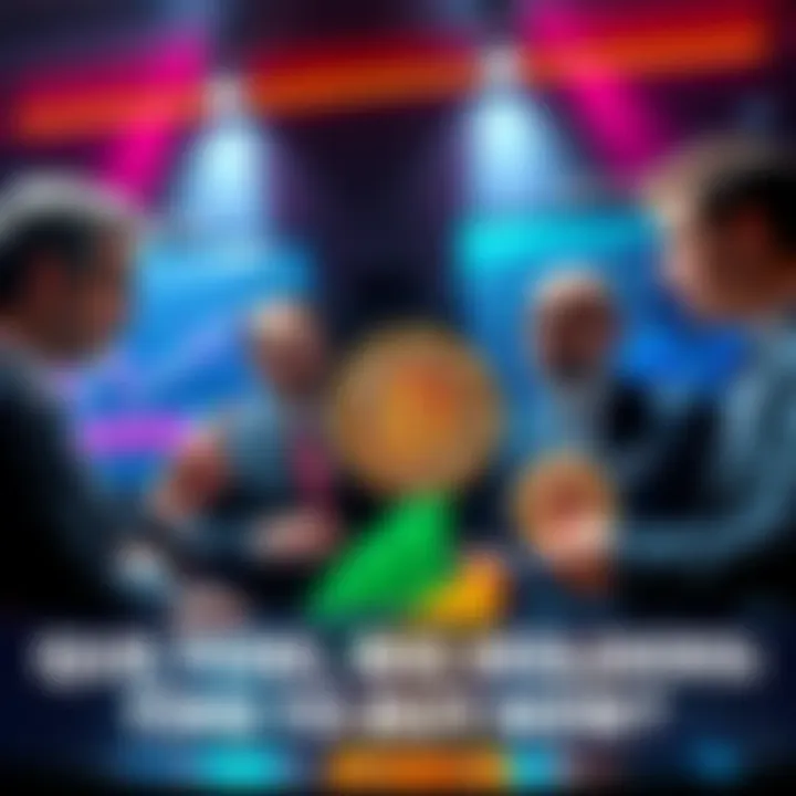 Group of big investors discussing Bitcoin prices with charts and graphs around them