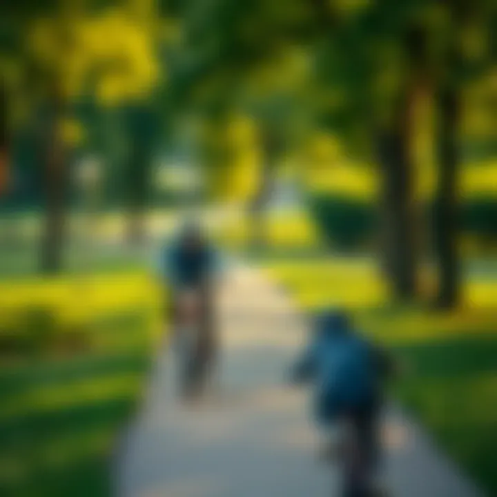 Biker collecting diamonds in a park A person on a bicycle collects sparkling diamonds while riding in a green park, keeping a close eye on their speed below 22 mph.