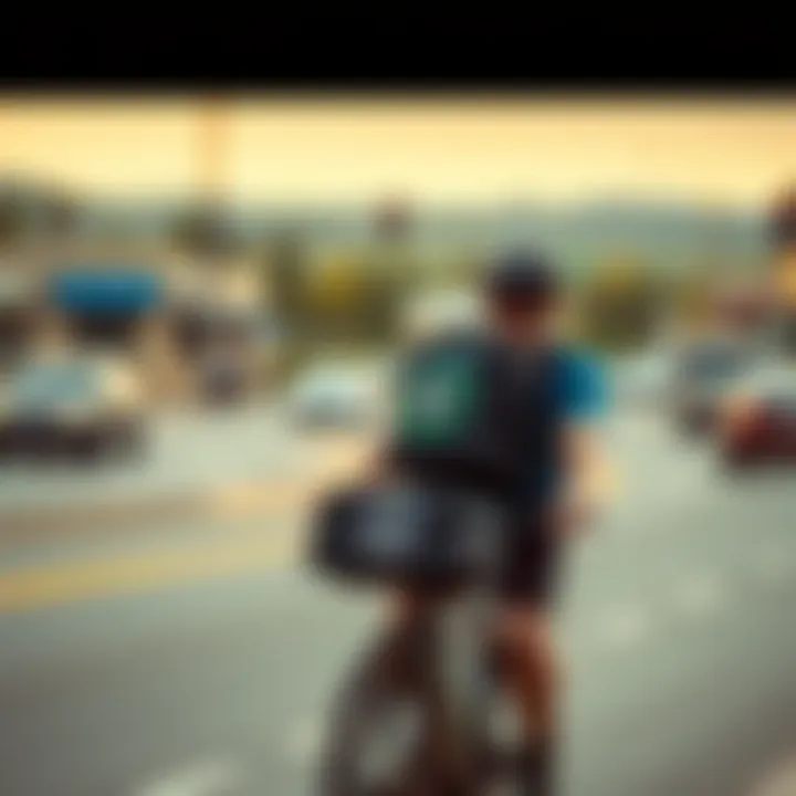 A grad student biking through Flagstaff, AZ, with a delivery bag from Uber Eats, aiming to earn Bitcoin this summer.