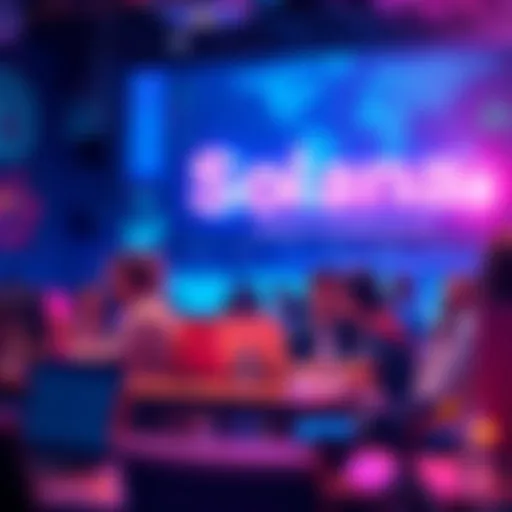 A vibrant graphic showing startup founders working on projects with Solana's logo in the background, symbolizing innovation and community support.