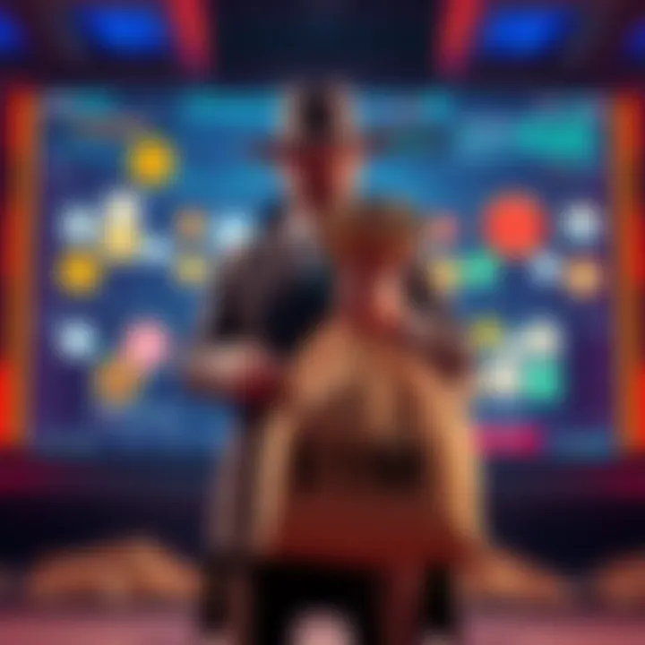 A billionaire holding a large bag of money, standing in front of a digital screen displaying various cryptocurrencies.