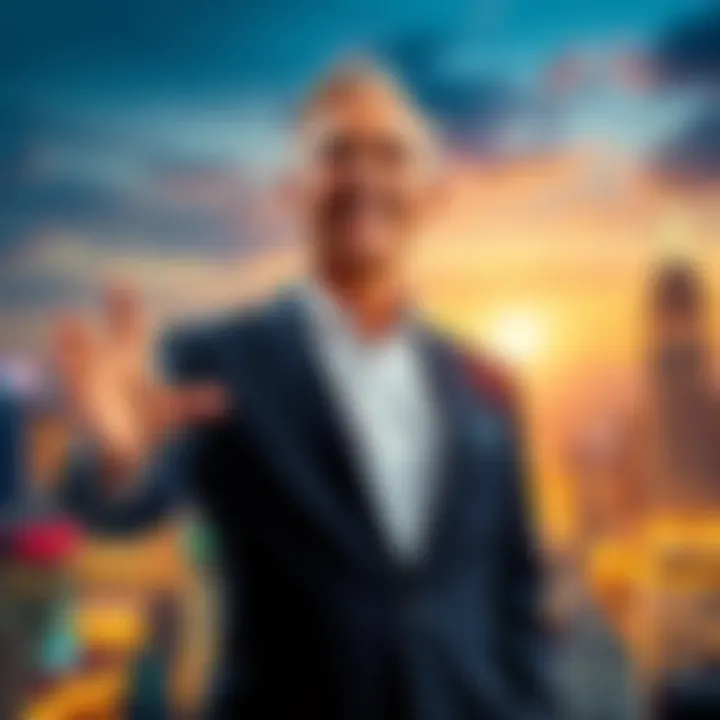A wealthy man in a suit smiling and gesturing confidently, standing in front of a city skyline, reassuring others about financial resilience after a loss.