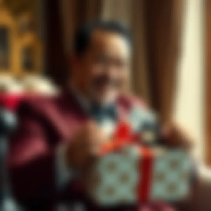 A billionaire smiling while opening a gift box filled with cash and luxury items, representing unique ways of managing wealth.