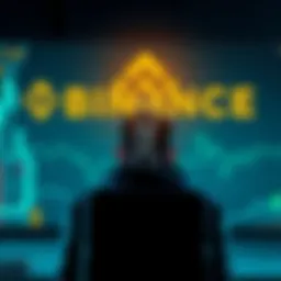 The Binance logo with a broken chain link, symbolizing the end of operations in the EU, and a worried person looking at a computer screen.