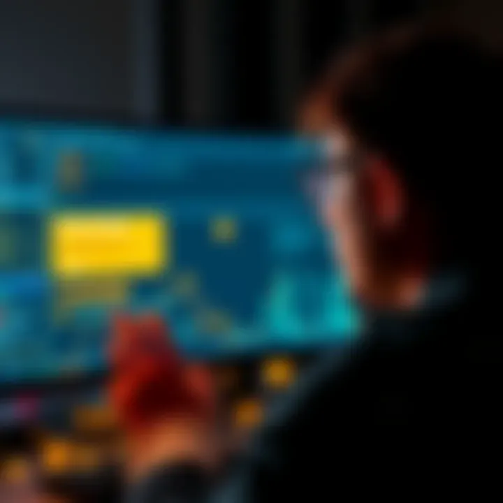 A person looking at a computer screen displaying a Binance message with cryptocurrency symbols around