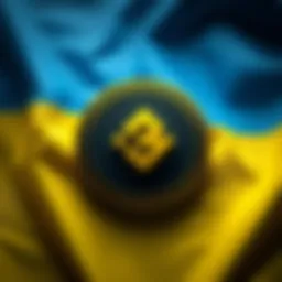 Binance logo displayed over a background featuring the Ukraine flag, representing cryptocurrency fundraising and its implications in Russia.