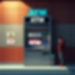 A binational ATM showing a warning sign about lost funds, with a concerned individual nearby