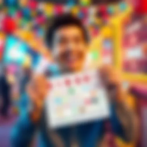 A person smiling and holding a filled bingo card with market trends symbols around them, celebrating success.