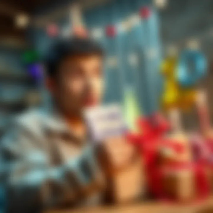 A person looks surprised while unwrapping a gift that reveals a book about rug pulls in cryptocurrency, with a festive birthday setting.