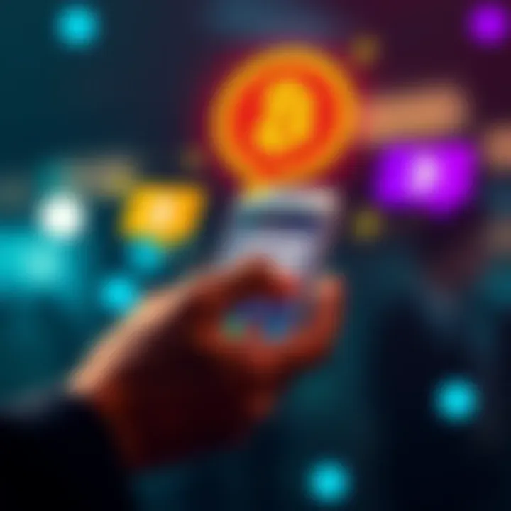 Bit-chat Concept A person using a smartphone to send Bitcoin via messaging app, with graphics illustrating Bitcoin symbols and messaging bubbles, showing ease of use.