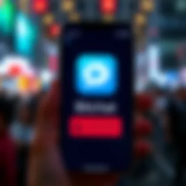 A smartphone showing the Bitchat app icon with a warning sign indicating its removal from an app store