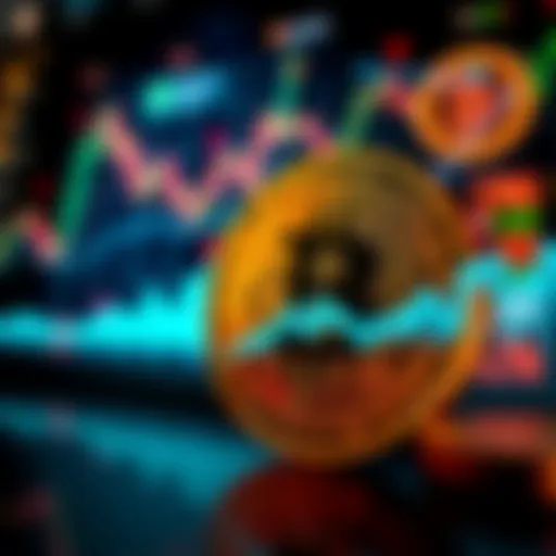 A digital representation of Bitcoin with market trends in the background and a graph showing growth.