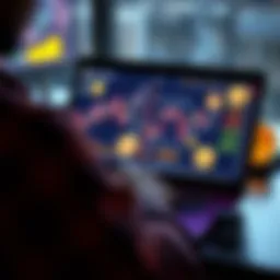 A person analyzing cryptocurrency trends on a laptop with Bitcoin and altcoin symbols displayed on the screen.