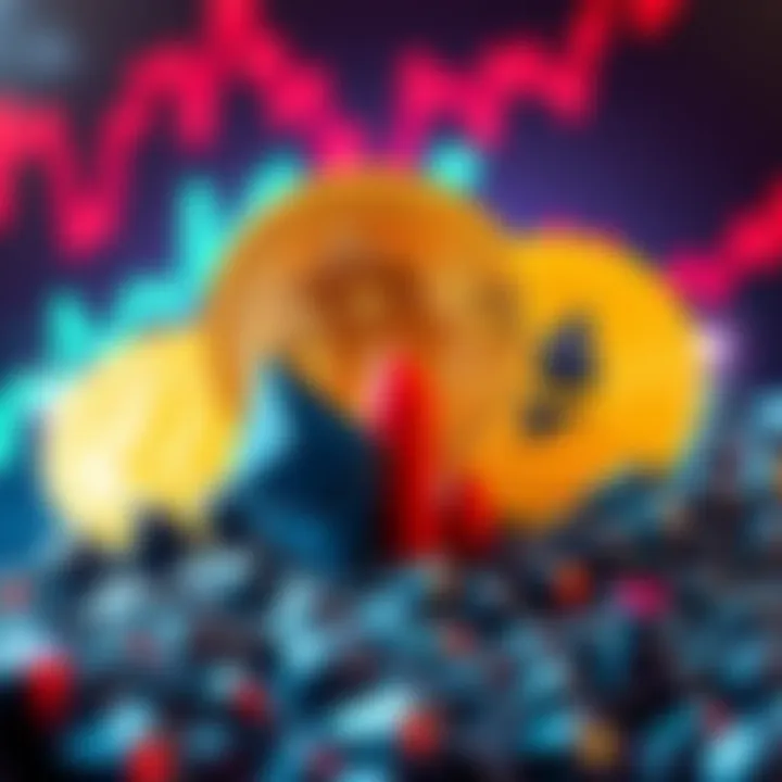 Bitcoin reaches a new all-time high, while popular altcoins like Ethereum and Solana show drops in value, symbolizing the struggle in the crypto market.