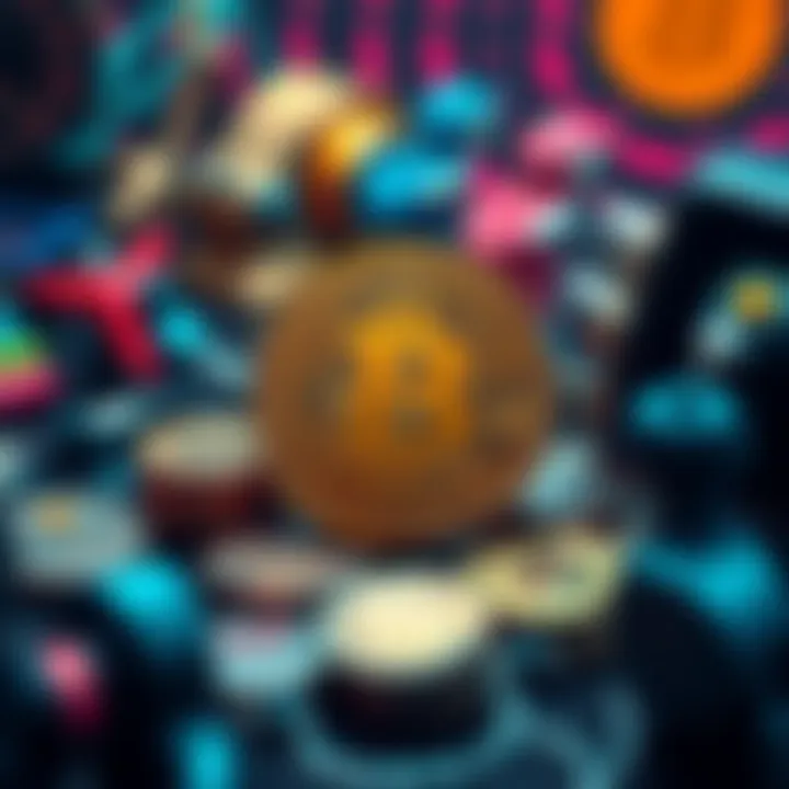 Bitcoin Anchored to Collectibles A visual representation of Bitcoin linked to various physical collectibles like coins and toys, showcasing the blend of digital currency with tangible objects.