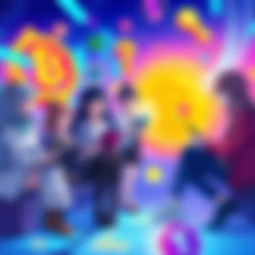 A colorful illustration featuring anime-style characters discussing Bitcoin ideas with digital elements around them.