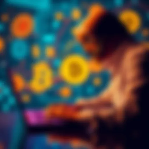 A person using a laptop to buy Bitcoin without revealing their identity, with digital currency symbols in the background