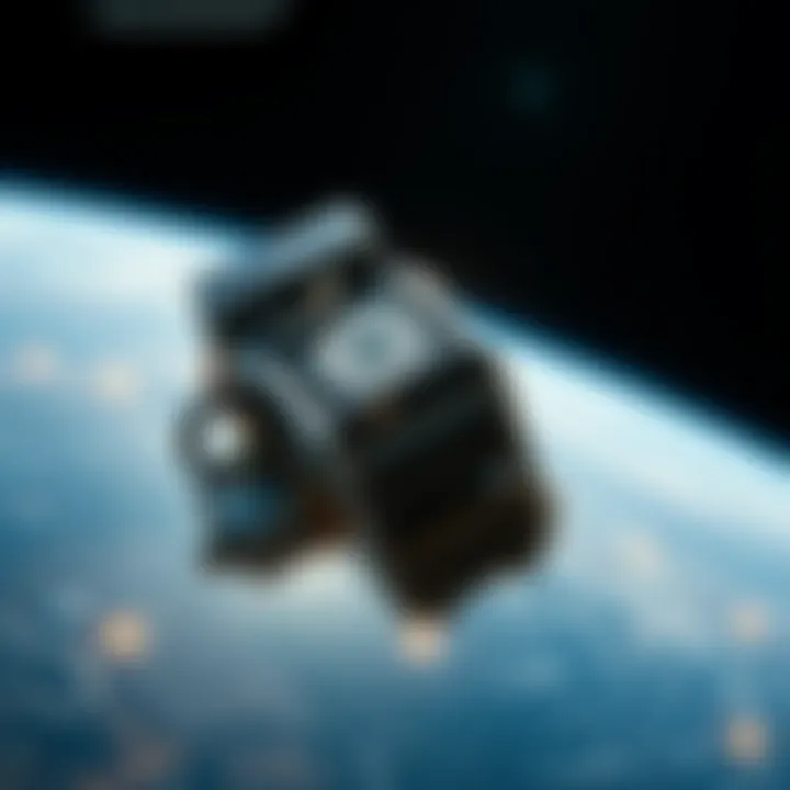 A depiction of a Bitcoin ASIC miner operating in low Earth orbit with Earth in the background, focusing on technical components and solar panels for power efficiency.