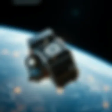 Bitcoin ASIC Mining in Space A depiction of a Bitcoin ASIC miner operating in low Earth orbit with Earth in the background, focusing on technical components and solar panels for power efficiency.