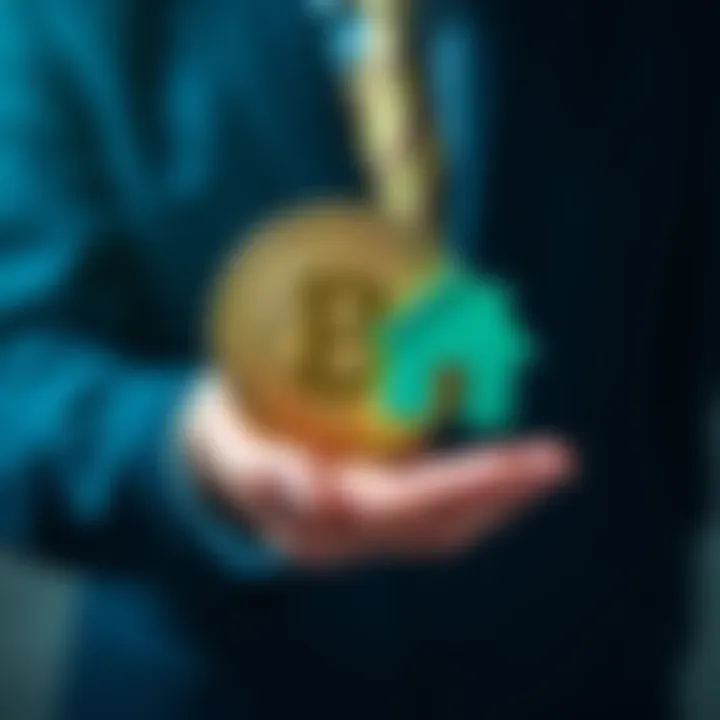 A person holding a Bitcoin symbol next to a house icon, representing the idea of using Bitcoin as collateral for a home loan in Portugal.