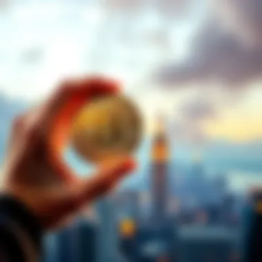 A person holding a Bitcoin with a backdrop of a city skyline, symbolizing faith in cryptocurrency