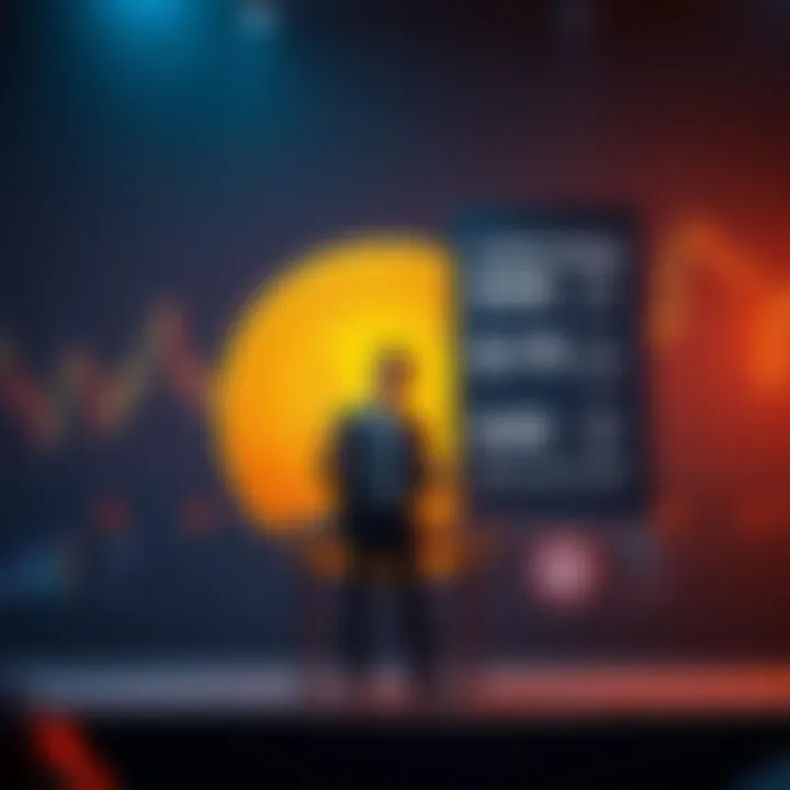 A business professional standing in front of a Bitcoin logo, presenting a slide showing lower prices for Bitcoin products, indicating a positive market shift.