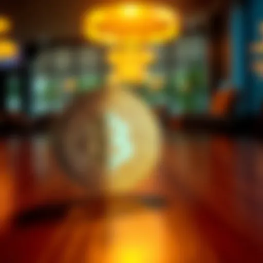 A shiny Bitcoin physical coin placed on a wooden table, representing its value in the financial world.