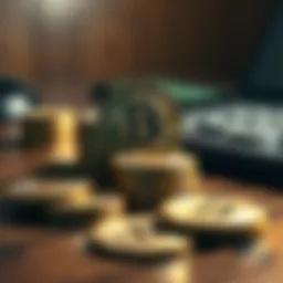 A pile of shiny Bitcoin coins on a wooden table, representing wealth and investment