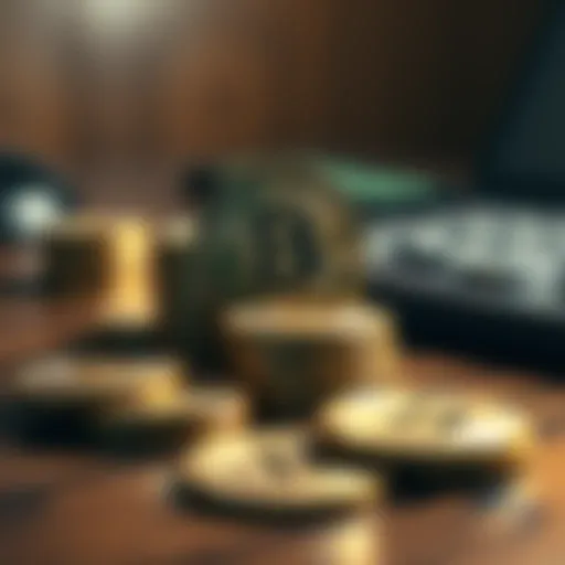 A pile of shiny Bitcoin coins on a wooden table, representing wealth and investment