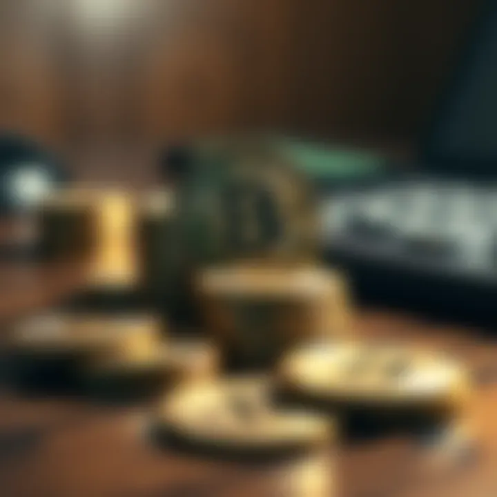 A pile of shiny Bitcoin coins on a wooden table, representing wealth and investment