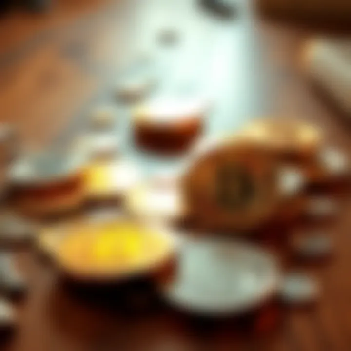 A close-up view of shiny Bitcoin coins scattered on a wooden table, symbolizing investment possibilities.