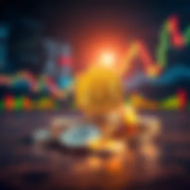A pile of shiny Bitcoin coins stacked on a wooden table with a blurred background of financial charts
