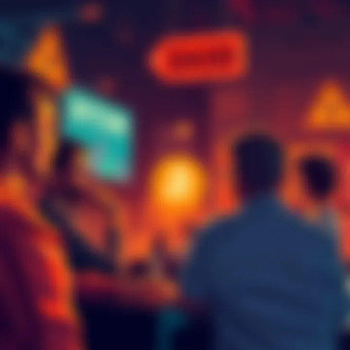 People engaging in a heated discussion about Bitcoin online, with warning signs about financial downturns in the background.