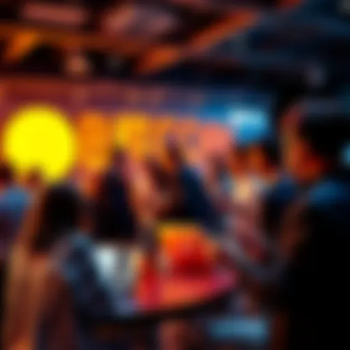 A group of people at a Bitcoin meetup, discussing cryptocurrency and making social connections, with laptops and phones in hand.