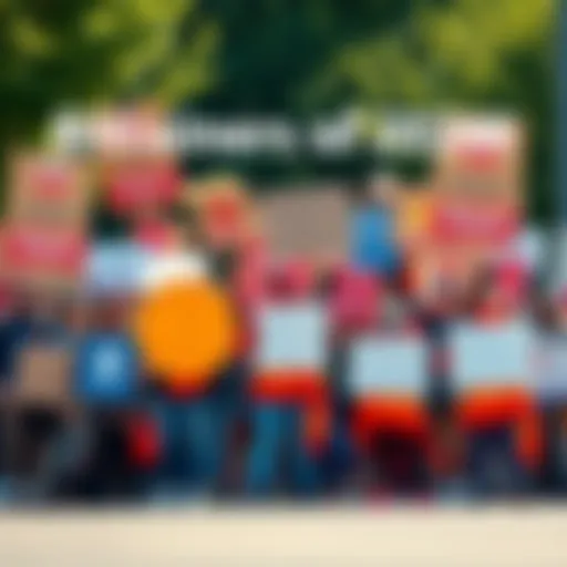 A group of Bitcoin enthusiasts holding signs promoting financial freedom and sustainability, gathered outdoors in a lively atmosphere.