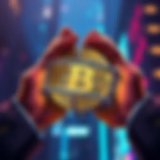 Illustration showing a Bitcoin logo encaged in corporate hands, symbolizing company ownership over cryptocurrency.